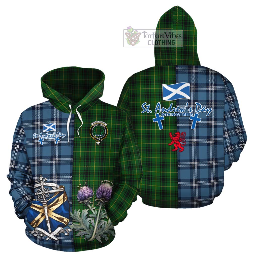 Tartan Vibes Clothing MacArthur (McArthur) Tartan Cotton Hoodie Happy St. Andrew's Day Half Tartan Style