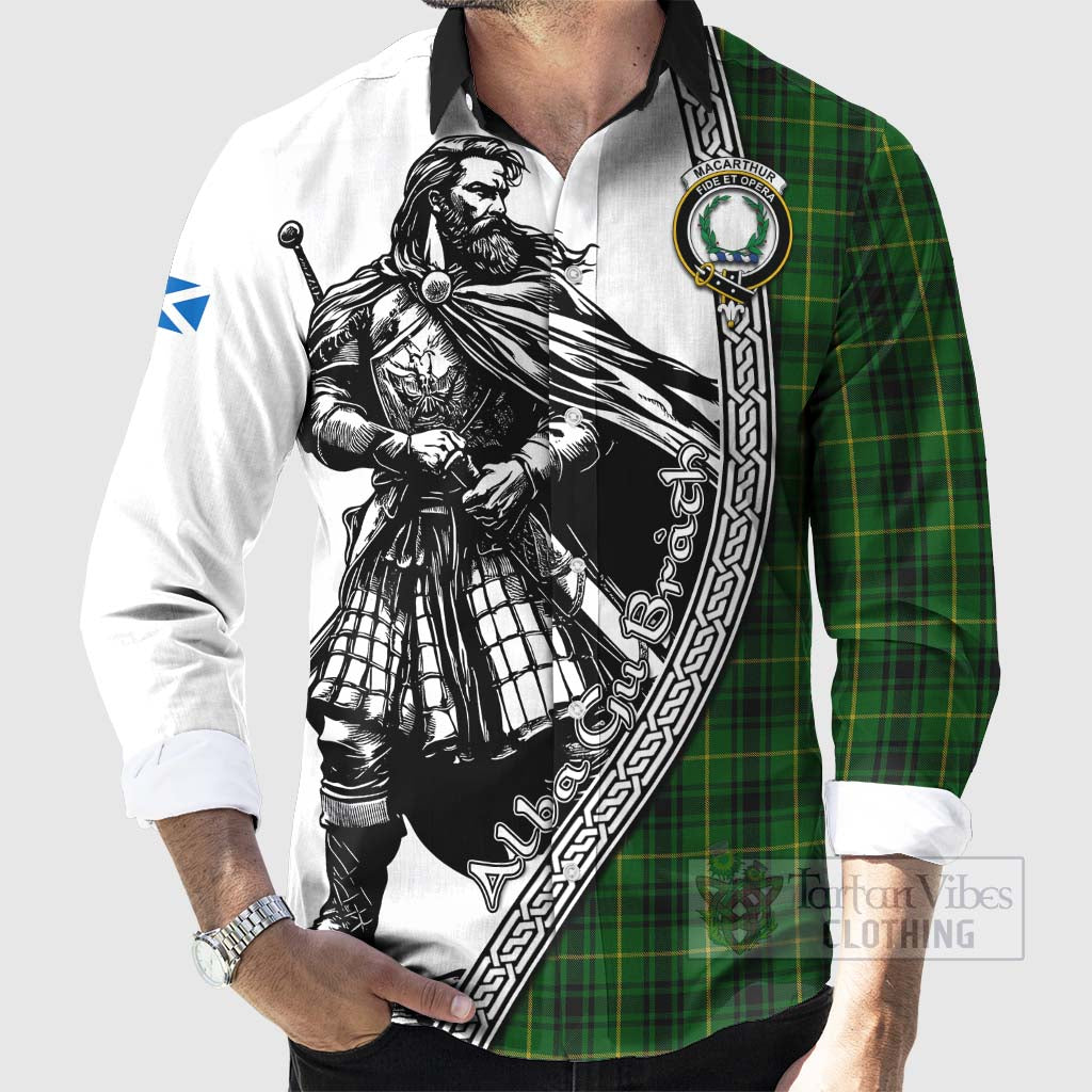 Tartan Vibes Clothing MacArthur (McArthur) Tartan Clan Crest Long Sleeve Button Shirt with Highlander Warrior Celtic Style