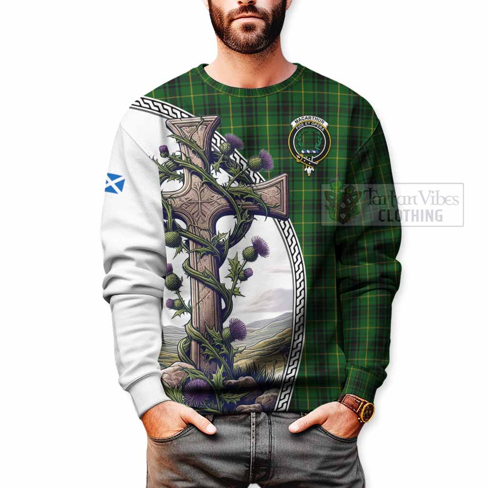 Tartan Vibes Clothing MacArthur (McArthur) Tartan Sweatshirt with Family Crest and St. Andrew's Cross Accented by Thistle Vines