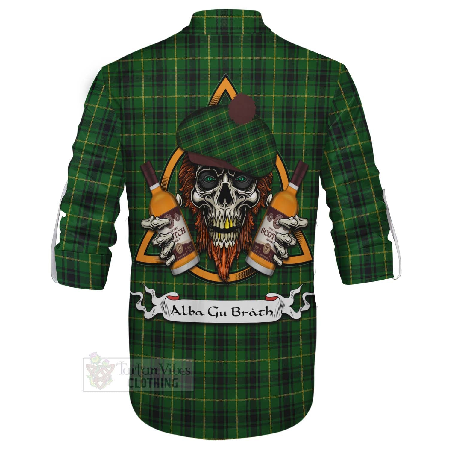 Tartan Vibes Clothing MacArthur (McArthur) Tartan Ghillie Kilt Shirt with Family Crest and Bearded Skull Holding Bottles of Whiskey