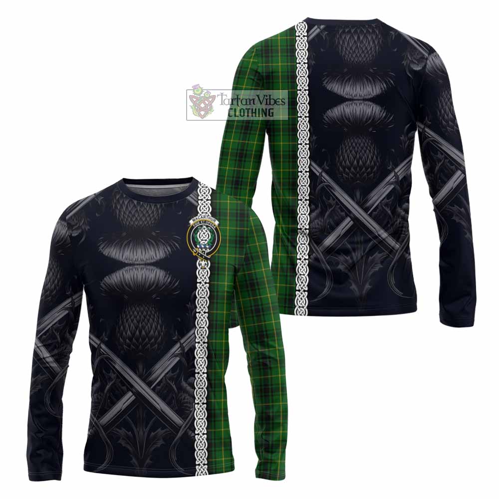 Tartan Vibes Clothing MacArthur (McArthur) Tartan Long Sleeve T-Shirt with Family Crest Cross Sword Thistle Celtic Vibes