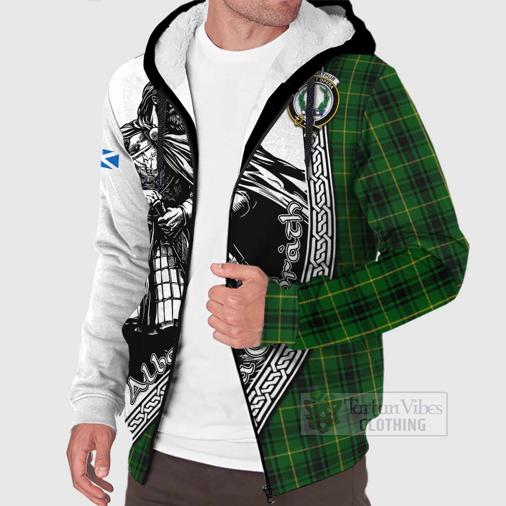 Tartan Vibes Clothing MacArthur (McArthur) Tartan Clan Crest Sherpa Hoodie with Highlander Warrior Celtic Style