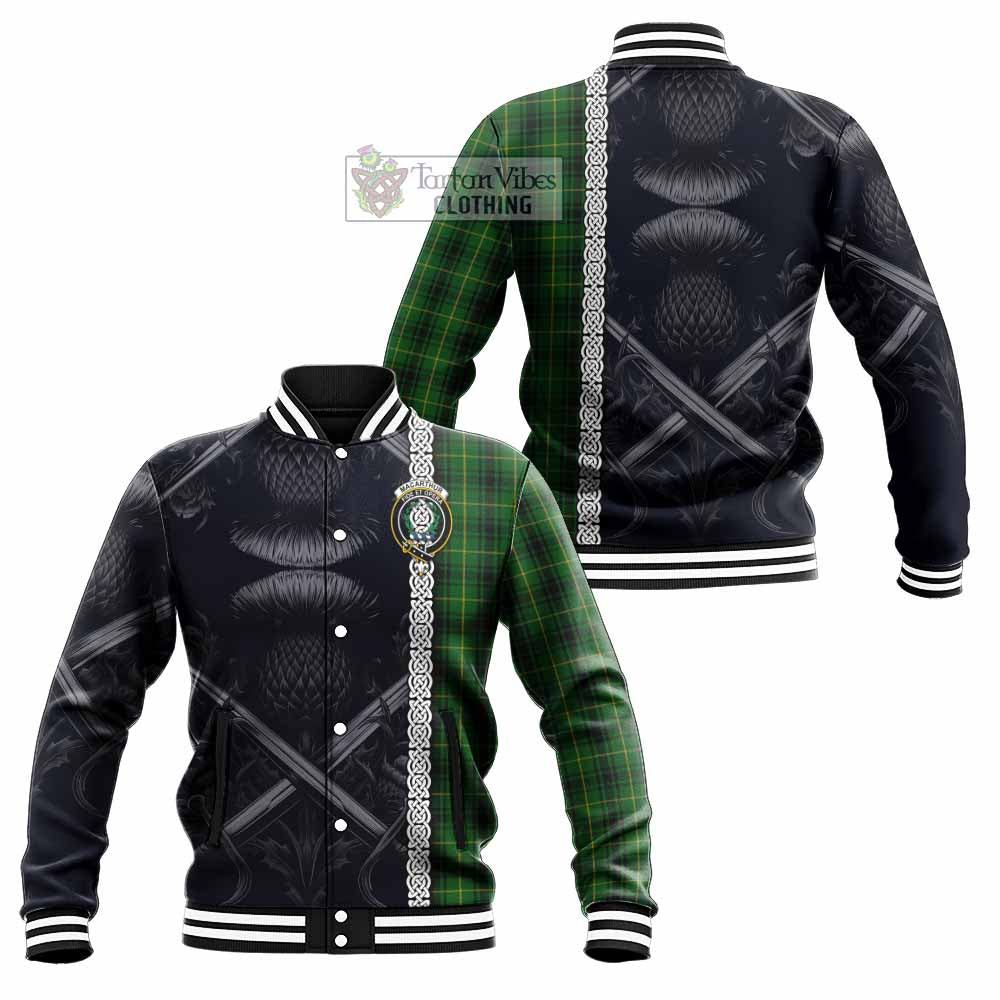 Tartan Vibes Clothing MacArthur (McArthur) Tartan Baseball Jacket with Family Crest Cross Sword Thistle Celtic Vibes