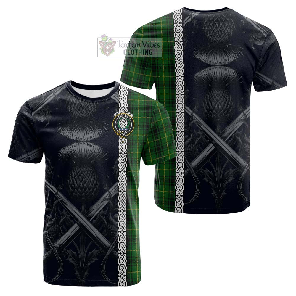 Tartan Vibes Clothing MacArthur (McArthur) Tartan Cotton T-shirt with Family Crest Cross Sword Thistle Celtic Vibes