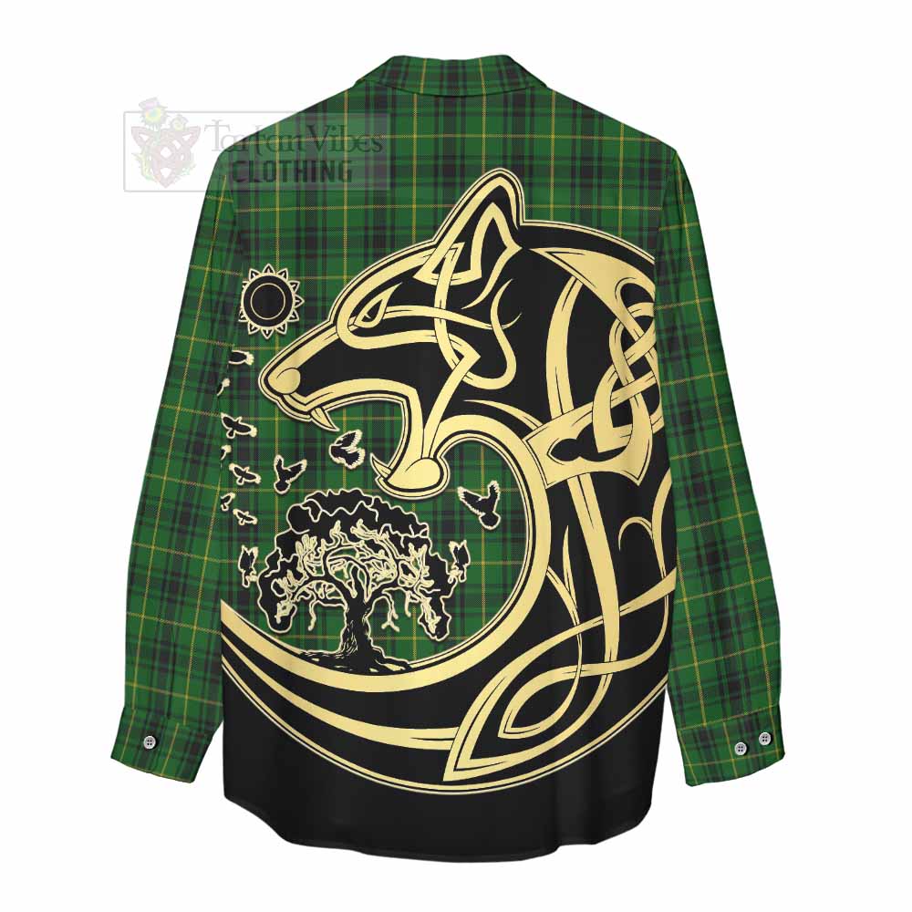 Tartan Vibes Clothing MacArthur (McArthur) Tartan Women's Casual Shirt with Family Crest Celtic Wolf Style