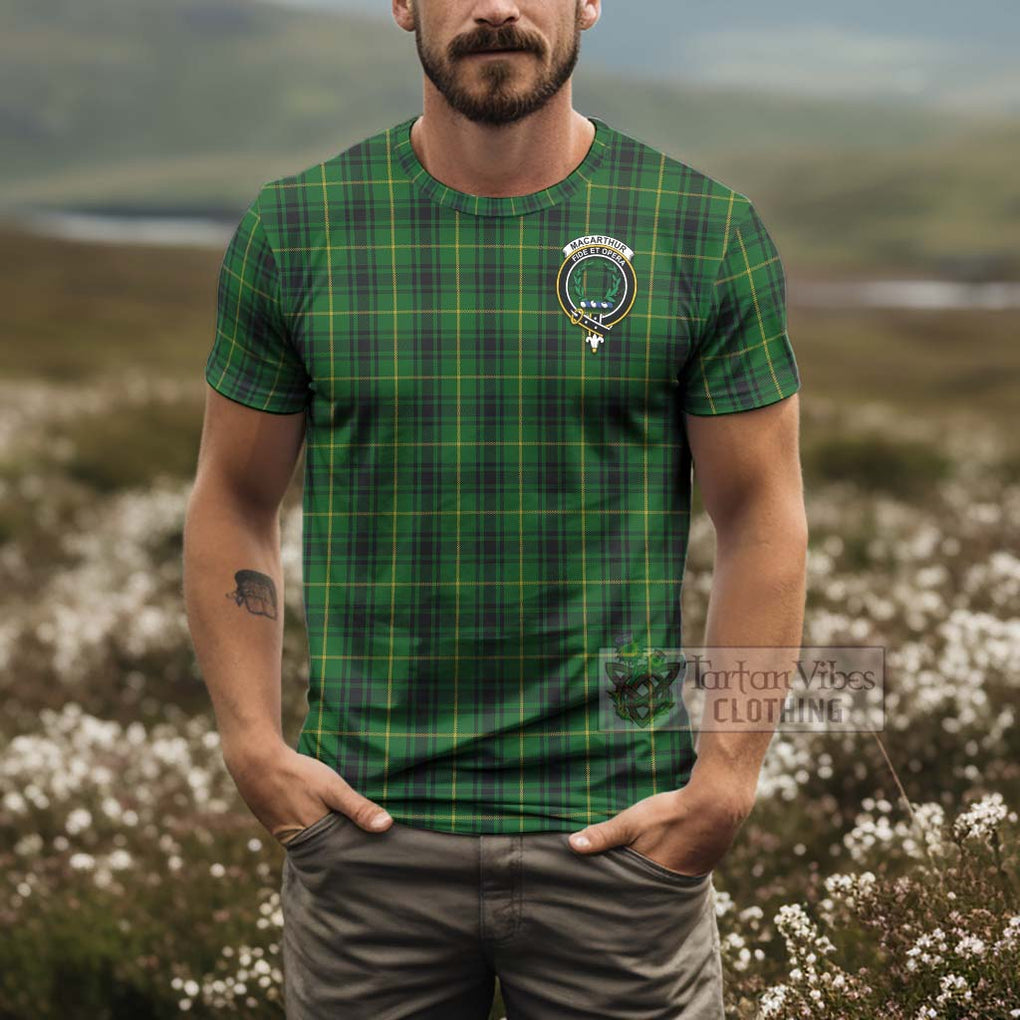 Tartan Vibes Clothing MacArthur (McArthur) Tartan T-Shirt with Family Crest and Bearded Skull Holding Bottles of Whiskey