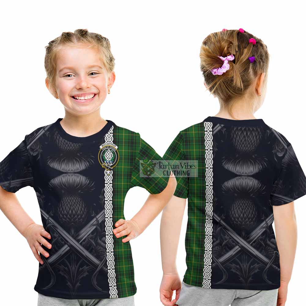 Tartan Vibes Clothing MacArthur (McArthur) Tartan Kid T-Shirt with Family Crest Cross Sword Thistle Celtic Vibes