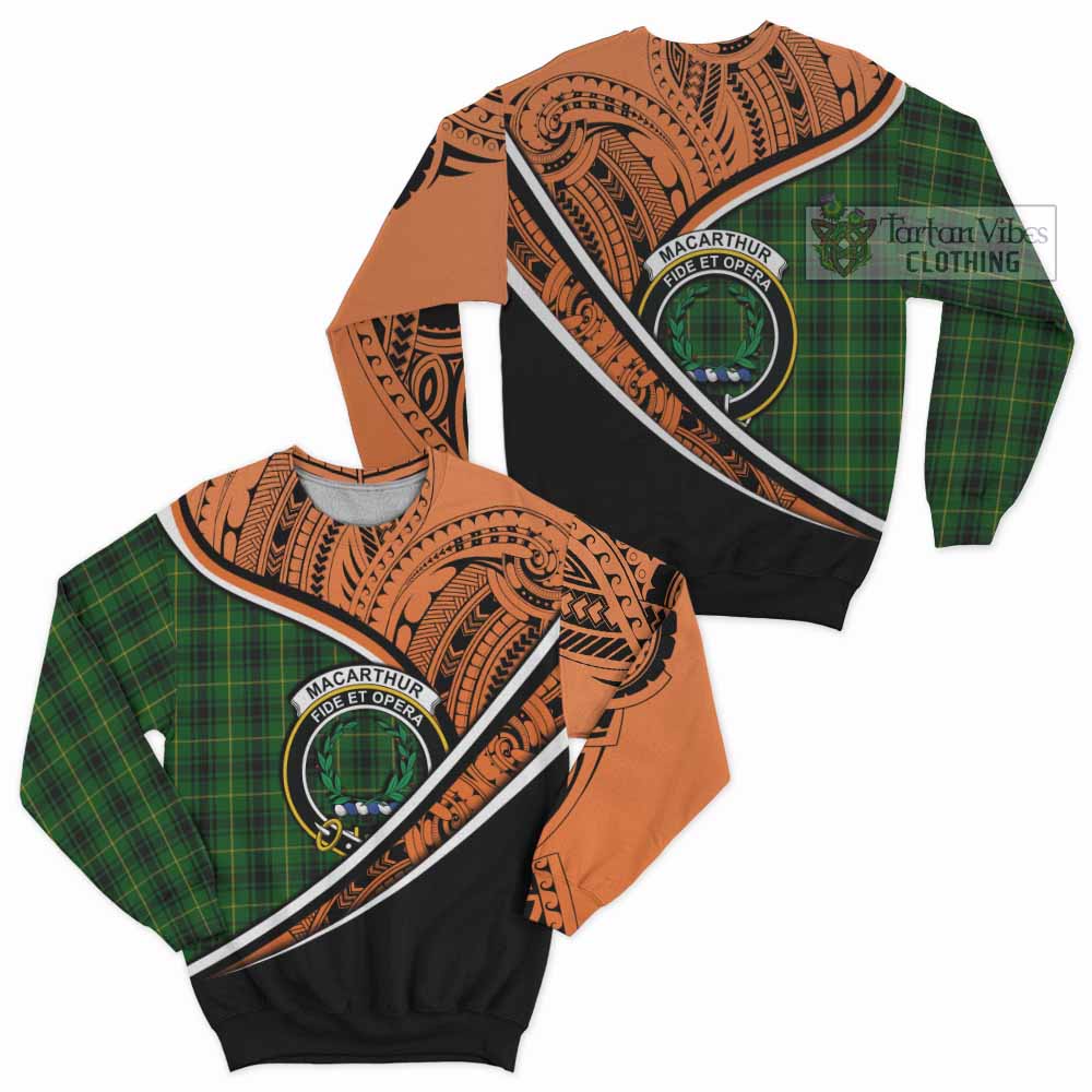 Tartan Vibes Clothing MacArthur (McArthur) Crest Tartan Sweatshirt with Maori Tattoo Style - Orange Version