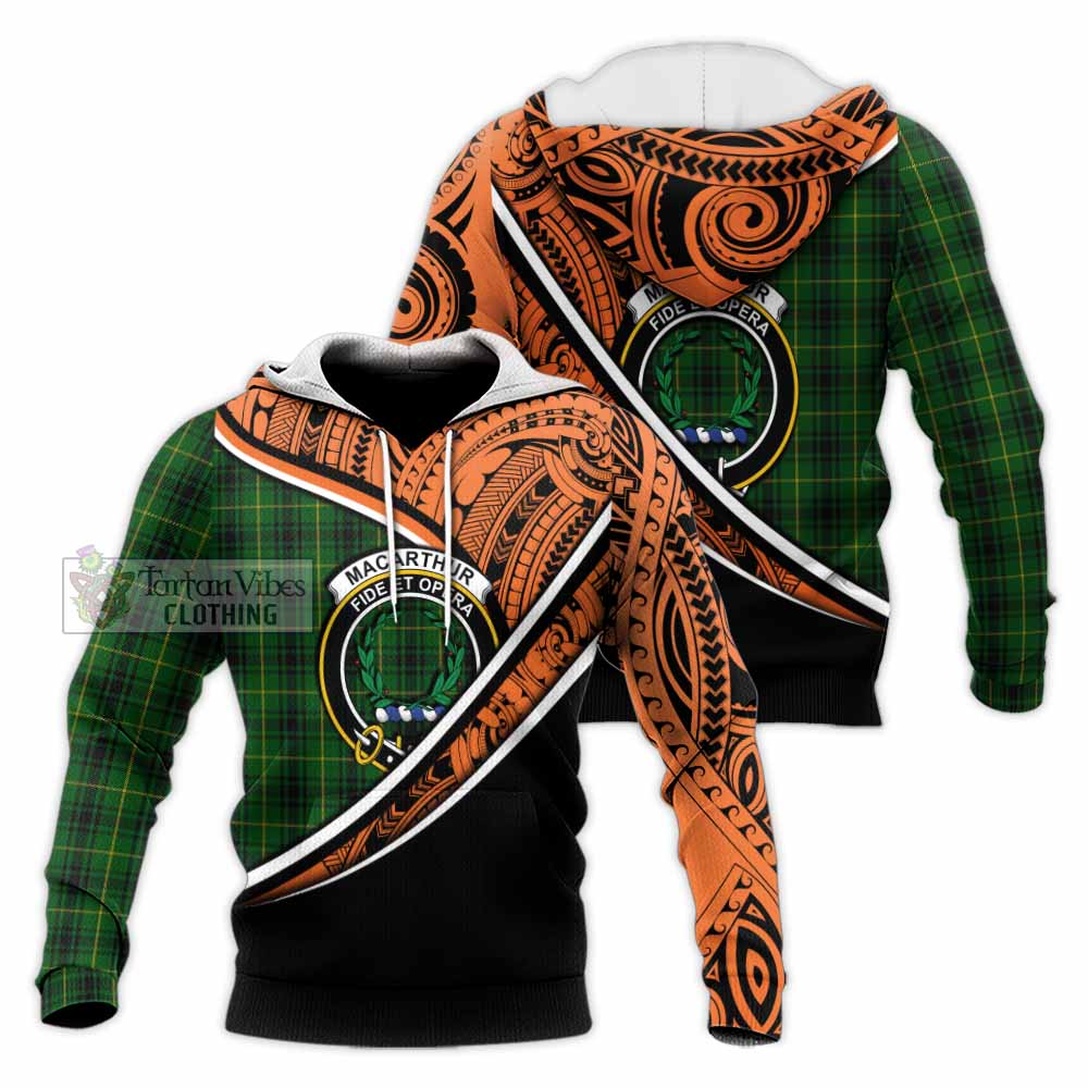 Tartan Vibes Clothing MacArthur (McArthur) Crest Tartan Knitted Hoodie with Maori Tattoo Style - Orange Version