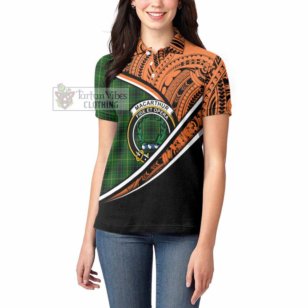 Tartan Vibes Clothing MacArthur (McArthur) Crest Tartan Women's Polo Shirt with Maori Tattoo Style - Orange Version