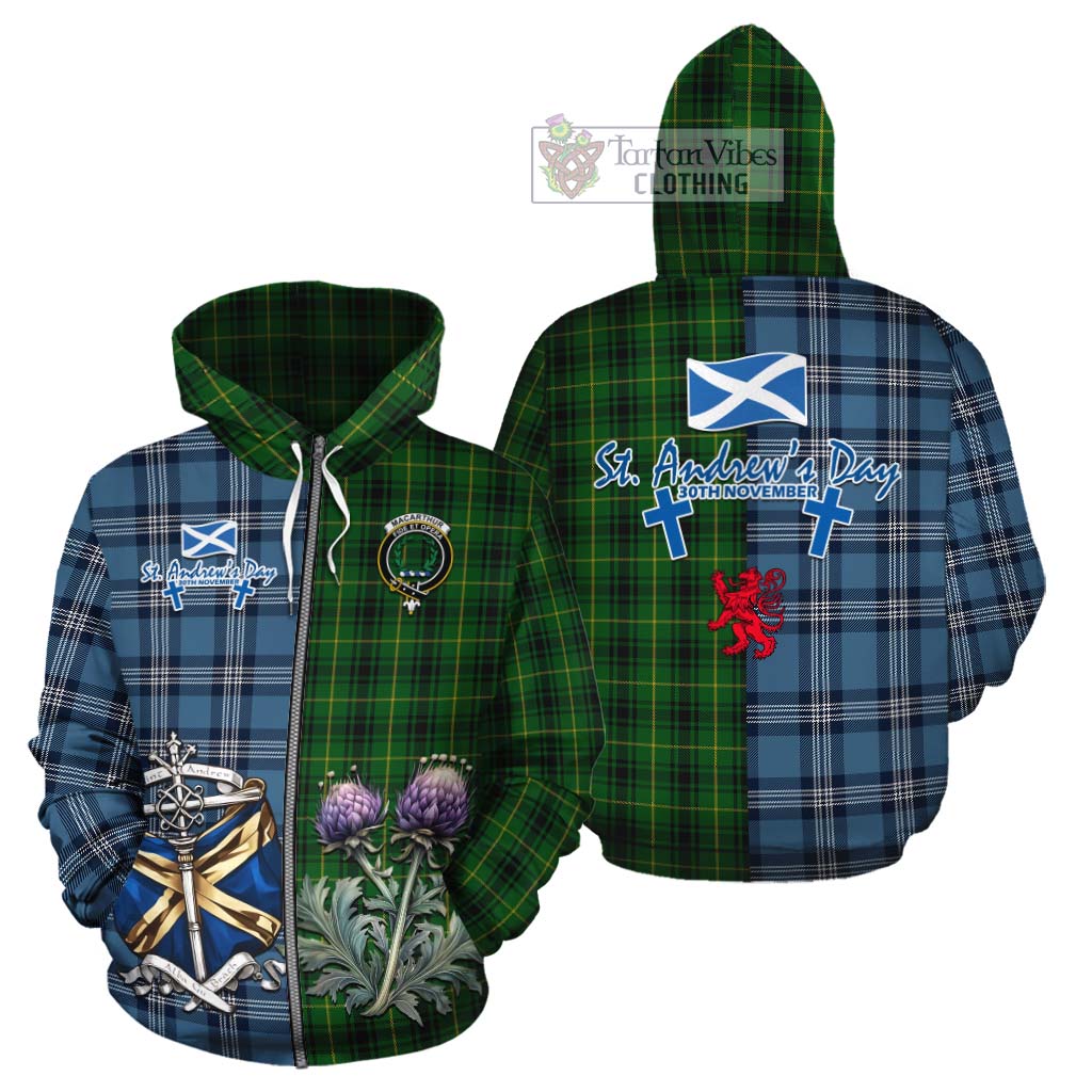 Tartan Vibes Clothing MacArthur (McArthur) Tartan Cotton Hoodie Happy St. Andrew's Day Half Tartan Style