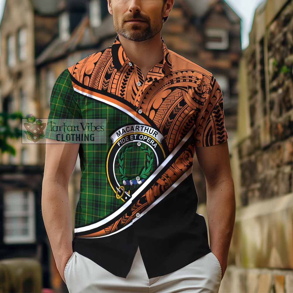 Tartan Vibes Clothing MacArthur (McArthur) Crest Tartan Short Sleeve Button Shirt with Maori Tattoo Style - Orange Version