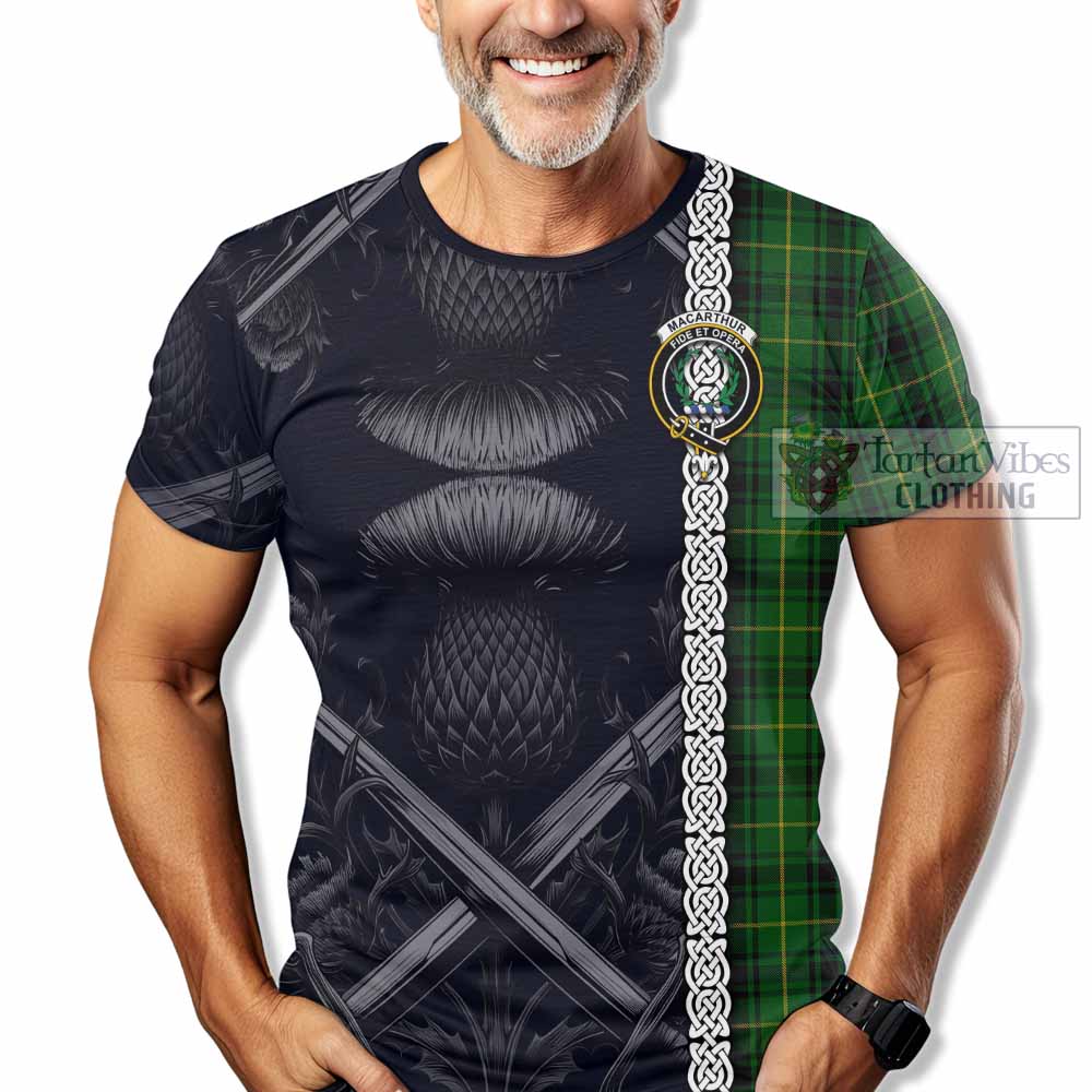 Tartan Vibes Clothing MacArthur (McArthur) Tartan T-Shirt with Family Crest Cross Sword Thistle Celtic Vibes