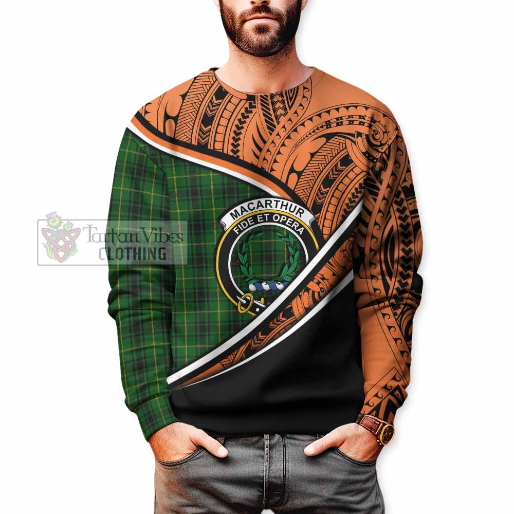 Tartan Vibes Clothing MacArthur (McArthur) Crest Tartan Sweatshirt with Maori Tattoo Style - Orange Version