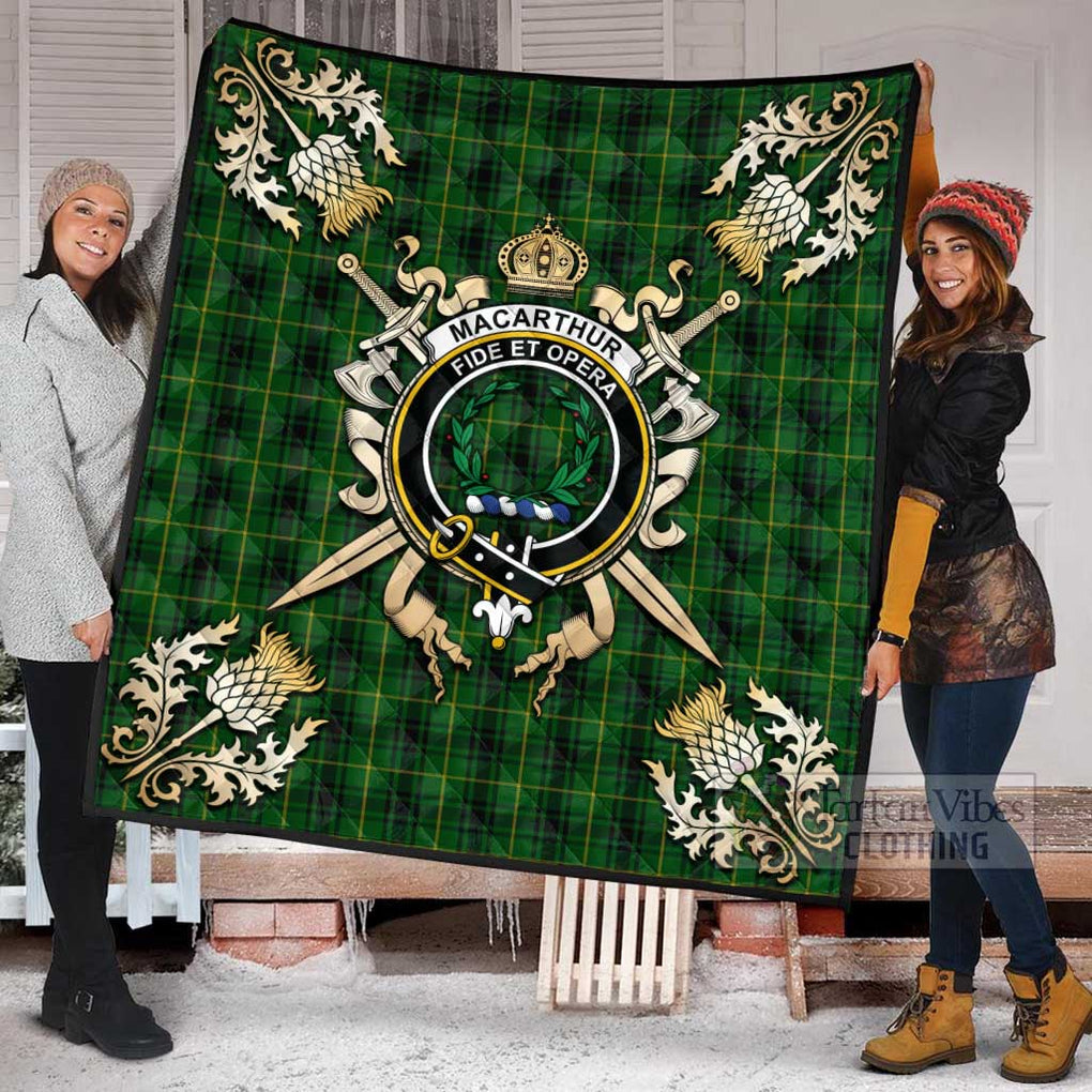 Tartan Vibes Clothing MacArthur (McArthur) Tartan Quilt with Family Crest and Scottish Golden Courage Shield