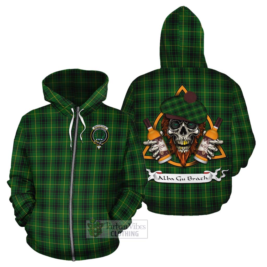 Tartan Vibes Clothing MacArthur (McArthur) Tartan Cotton Hoodie with Family Crest and Bearded Skull Holding Bottles of Whiskey