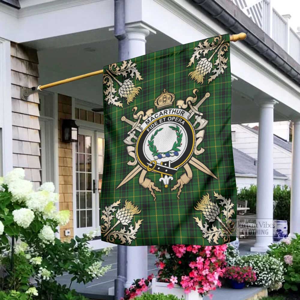 Tartan Vibes Clothing MacArthur (McArthur) Tartan Flag with Family Crest and Golden Thistle Crossed Sword Design