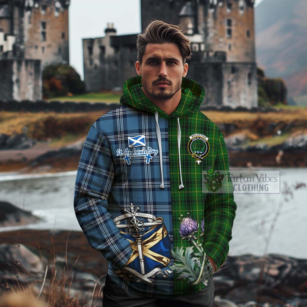 Tartan Vibes Clothing MacArthur (McArthur) Tartan Cotton Hoodie Happy St. Andrew's Day Half Tartan Style