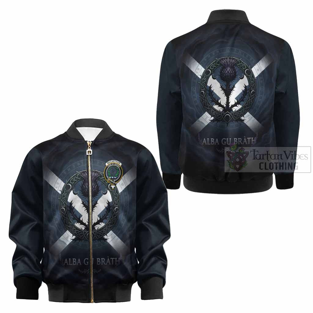 MacArthur (McArthur) Clan Crest Kid Bomber Jacket with Celtic Knot Thistle and Saltire - Tartan Vibes Clothing