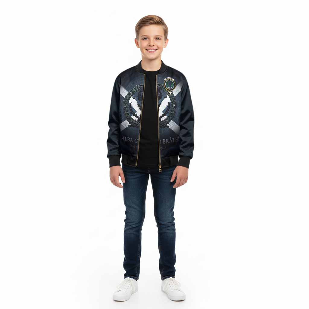 MacArthur (McArthur) Clan Crest Kid Bomber Jacket with Celtic Knot Thistle and Saltire - Tartan Vibes Clothing