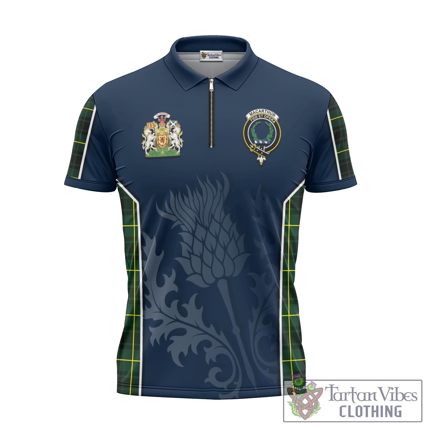 Tartan Vibes Clothing MacArthur Modern Tartan Zipper Polo Shirt with Family Crest and Scottish Thistle Vibes Sport Style