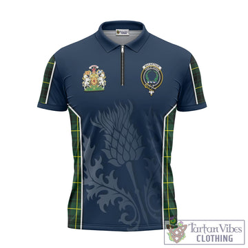 MacArthur Modern Tartan Zipper Polo Shirt with Family Crest and Scottish Thistle Vibes Sport Style