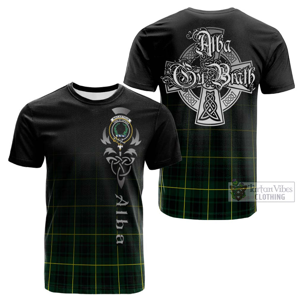 Tartan Vibes Clothing MacArthur Modern Tartan Cotton T-shirt Featuring Alba Gu Brath Family Crest Celtic Inspired