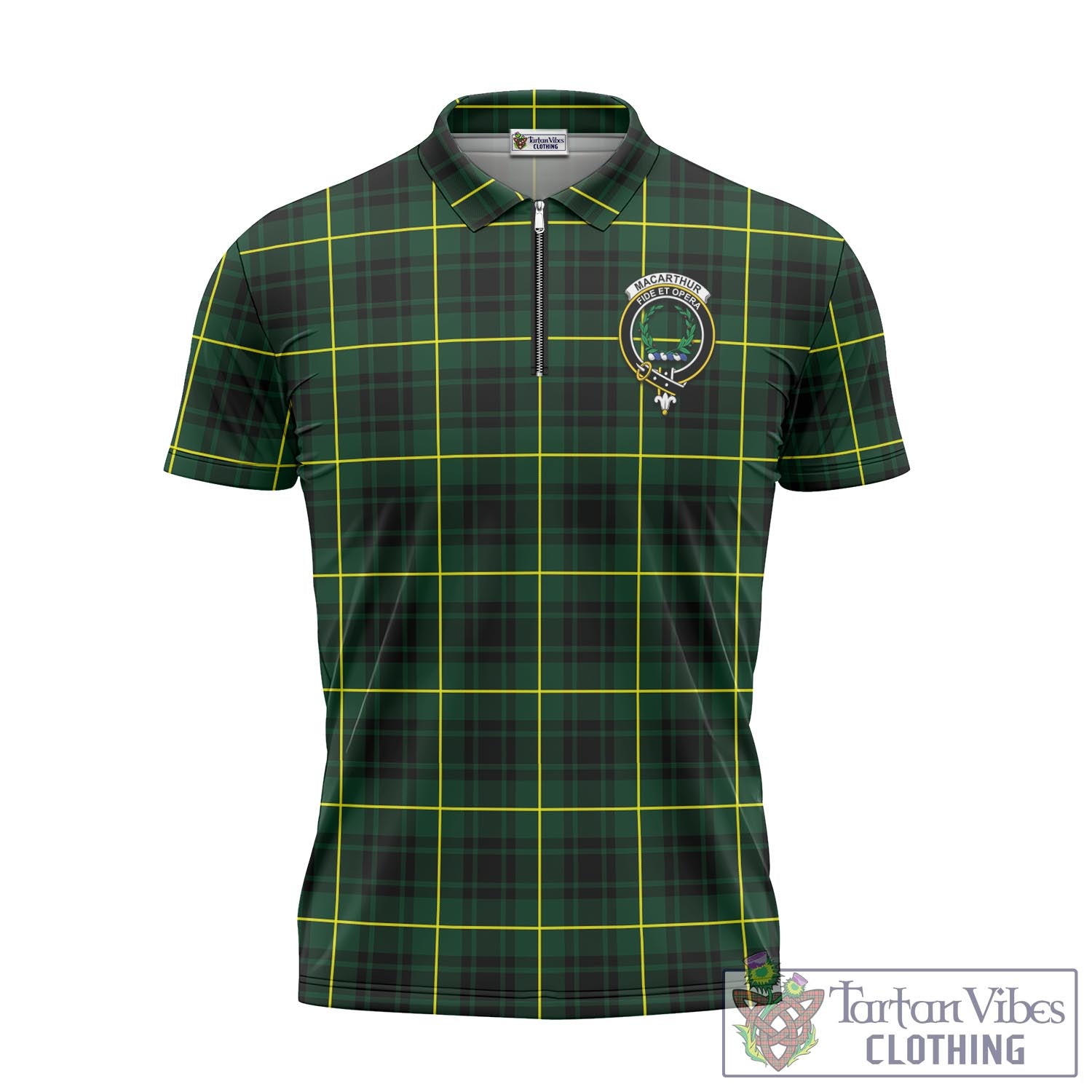 Tartan Vibes Clothing MacArthur Modern Tartan Zipper Polo Shirt with Family Crest