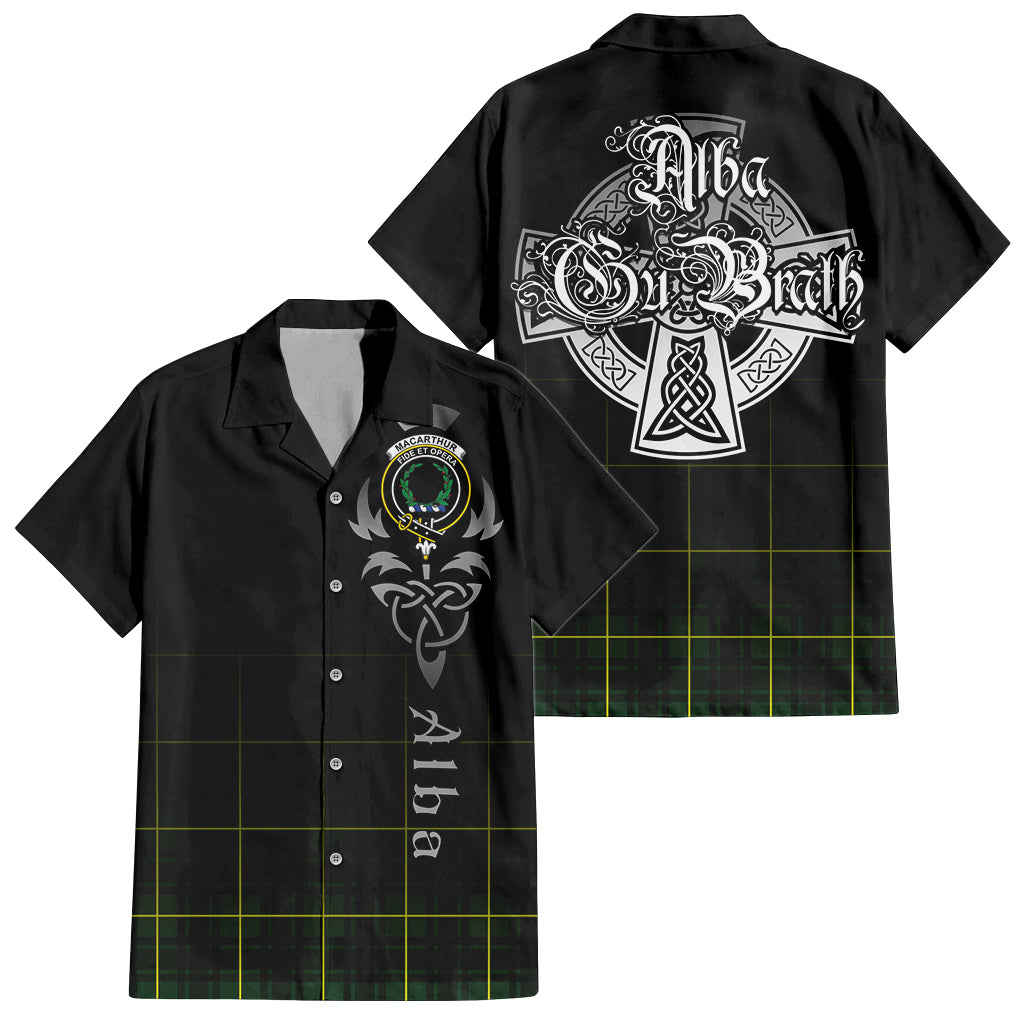 Tartan Vibes Clothing MacArthur Modern Tartan Short Sleeve Button Up Featuring Alba Gu Brath Family Crest Celtic Inspired