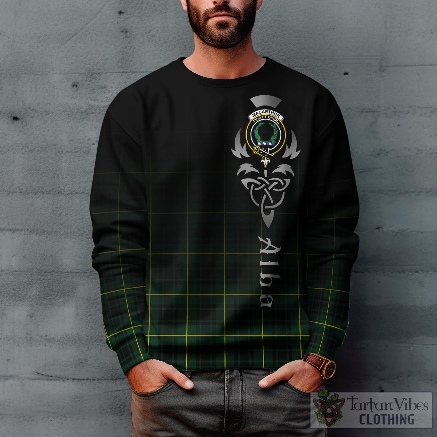 Tartan Vibes Clothing MacArthur Modern Tartan Sweatshirt Featuring Alba Gu Brath Family Crest Celtic Inspired