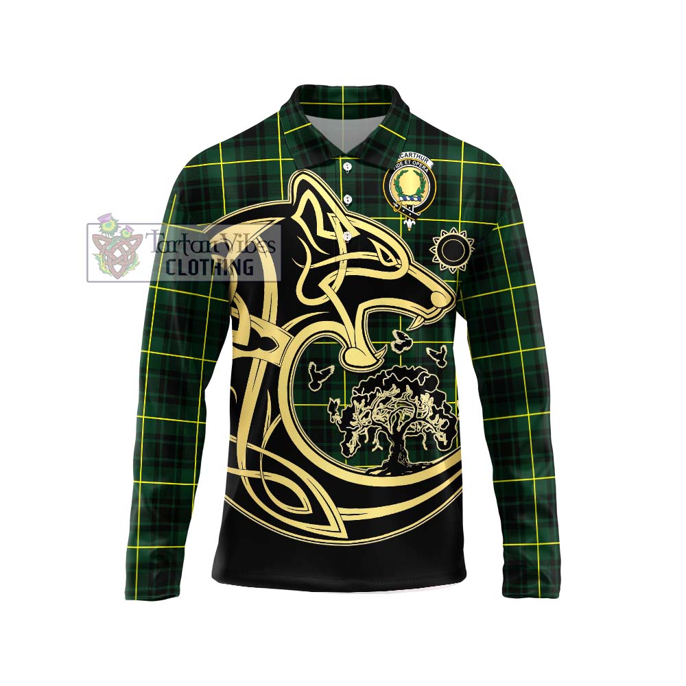 MacArthur Modern Tartan Long Sleeve Polo Shirt with Family Crest Celtic Wolf Style Unisex - Tartanvibesclothing Shop