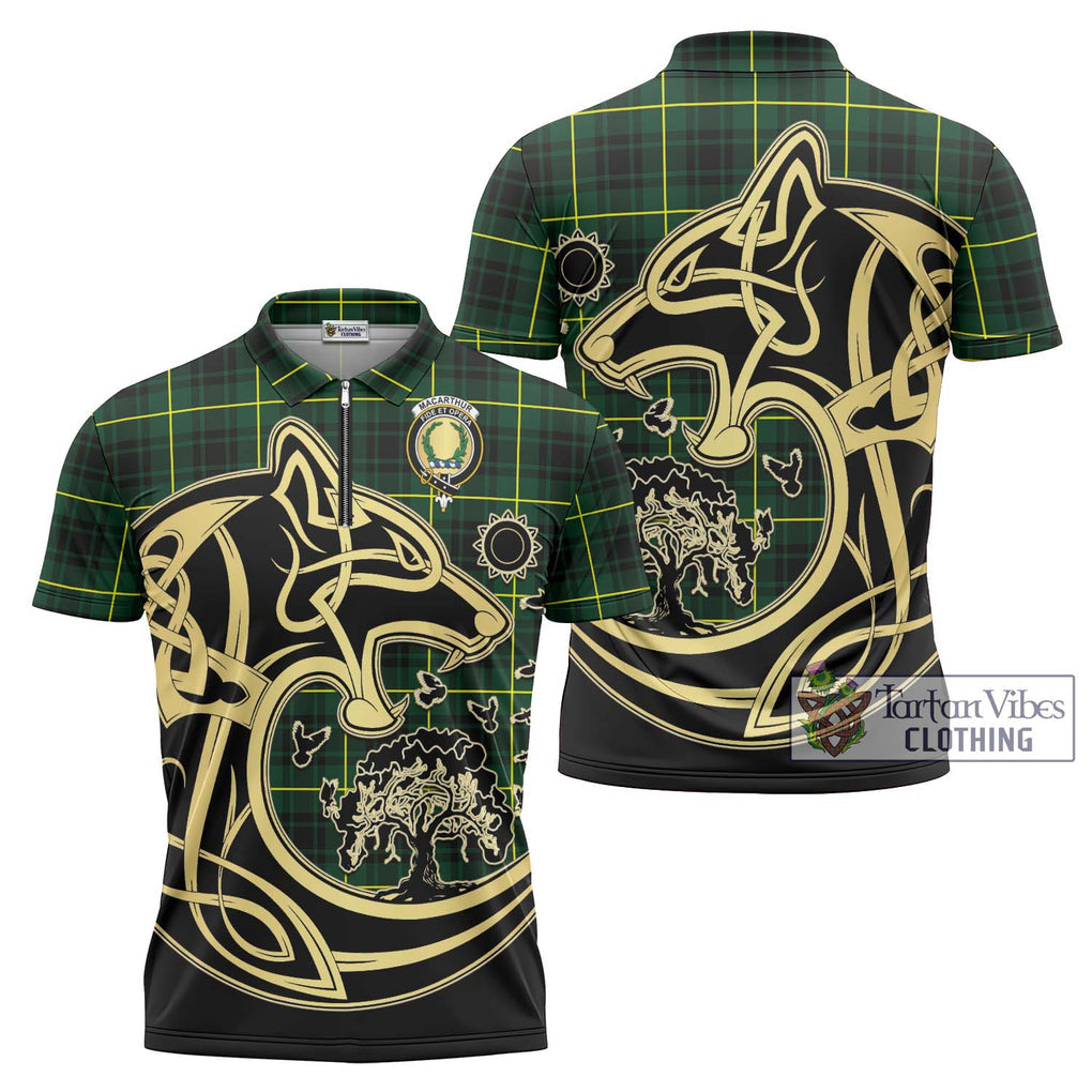 MacArthur Modern Tartan Zipper Polo Shirt with Family Crest Celtic Wolf Style Unisex - Tartanvibesclothing Shop