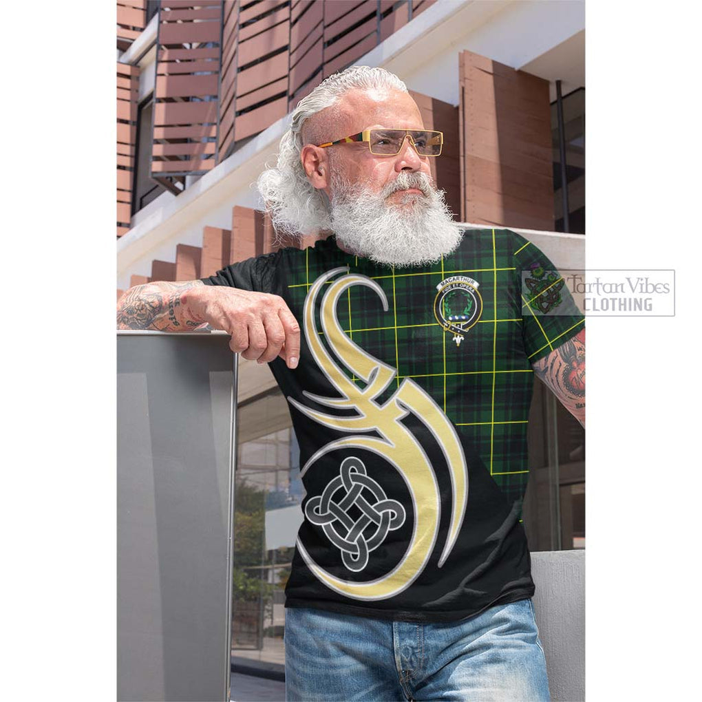 Tartan Vibes Clothing MacArthur Modern Tartan Cotton T-shirt with Family Crest and Celtic Symbol Style