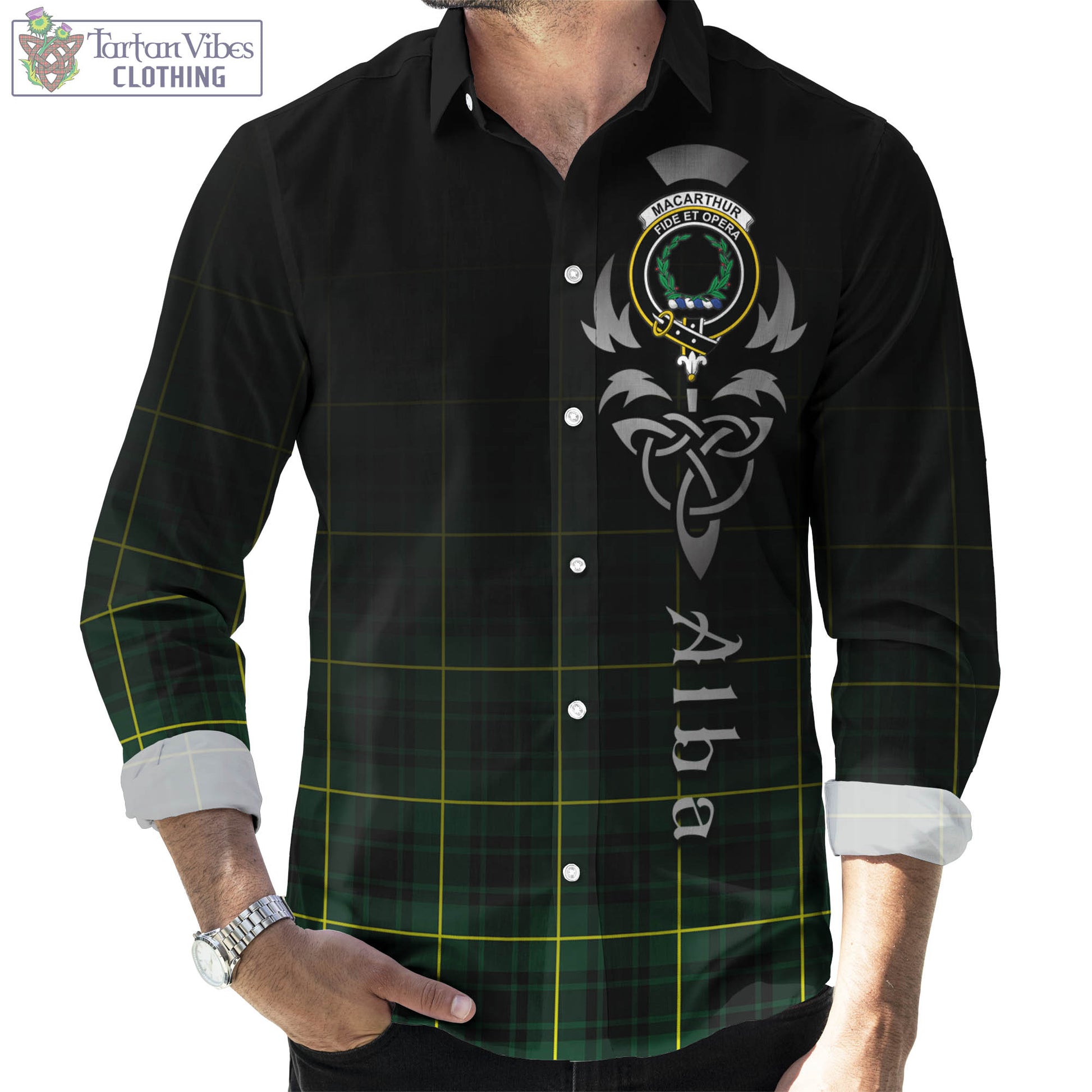 Tartan Vibes Clothing MacArthur Modern Tartan Long Sleeve Button Up Featuring Alba Gu Brath Family Crest Celtic Inspired