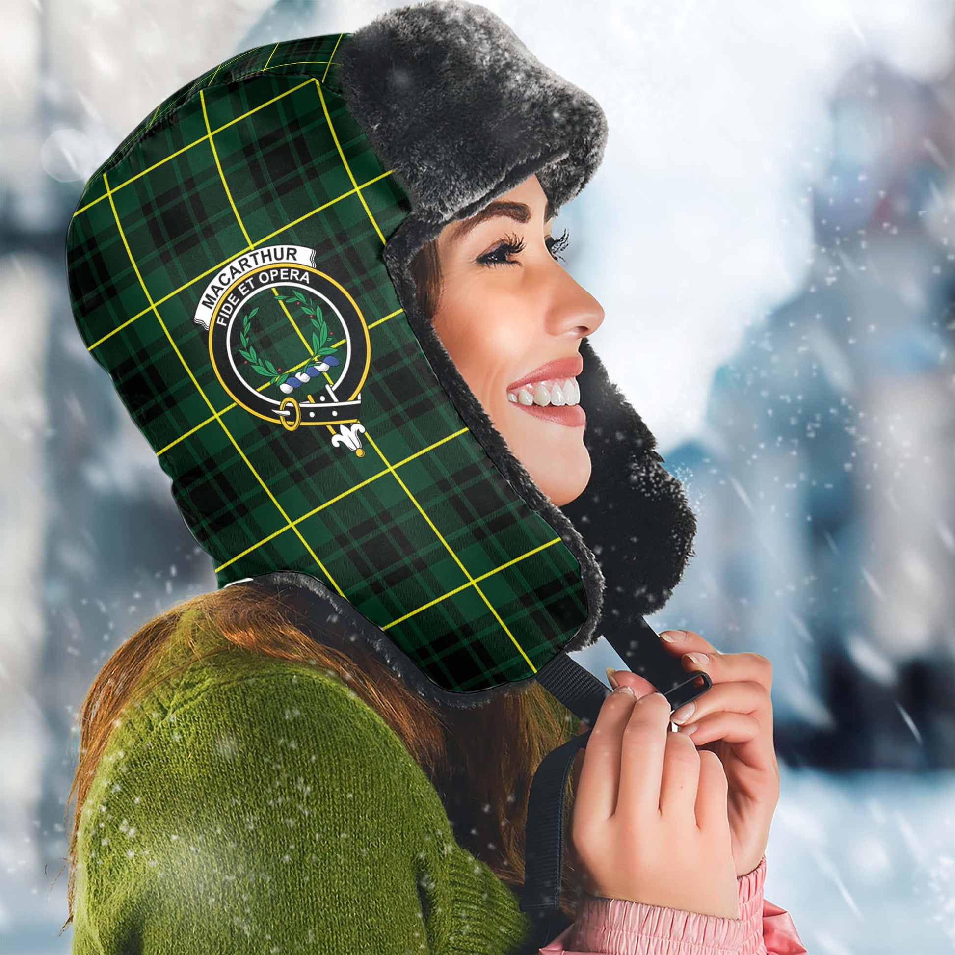 MacArthur Modern Tartan Winter Trapper Hat with Family Crest Winter Trapper Hat Universal Fit Circumference 22.8in (58cm) - Tartanvibesclothing