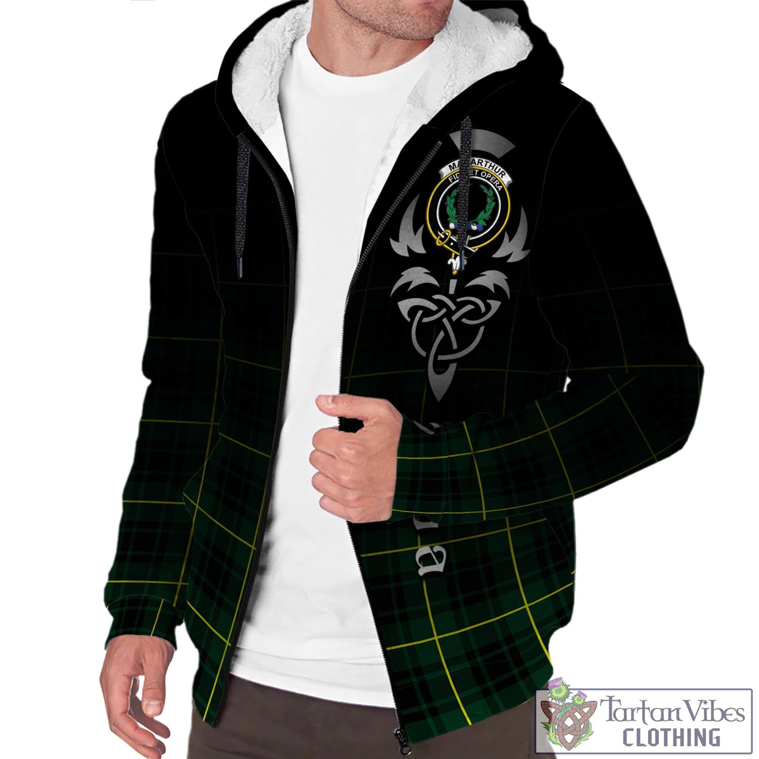 Tartan Vibes Clothing MacArthur Modern Tartan Sherpa Hoodie Featuring Alba Gu Brath Family Crest Celtic Inspired