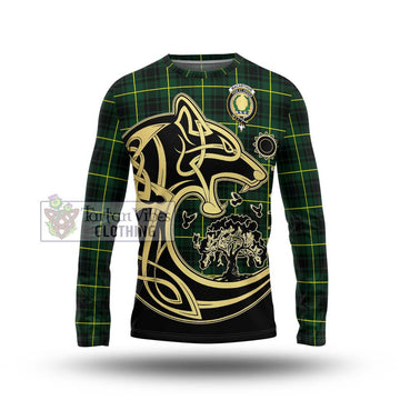 MacArthur Modern Tartan Long Sleeve T-Shirt with Family Crest Celtic Wolf Style