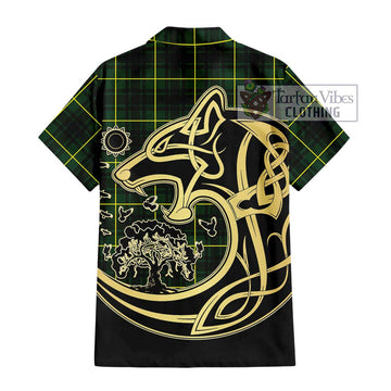 MacArthur Modern Tartan Short Sleeve Button Shirt with Family Crest Celtic Wolf Style