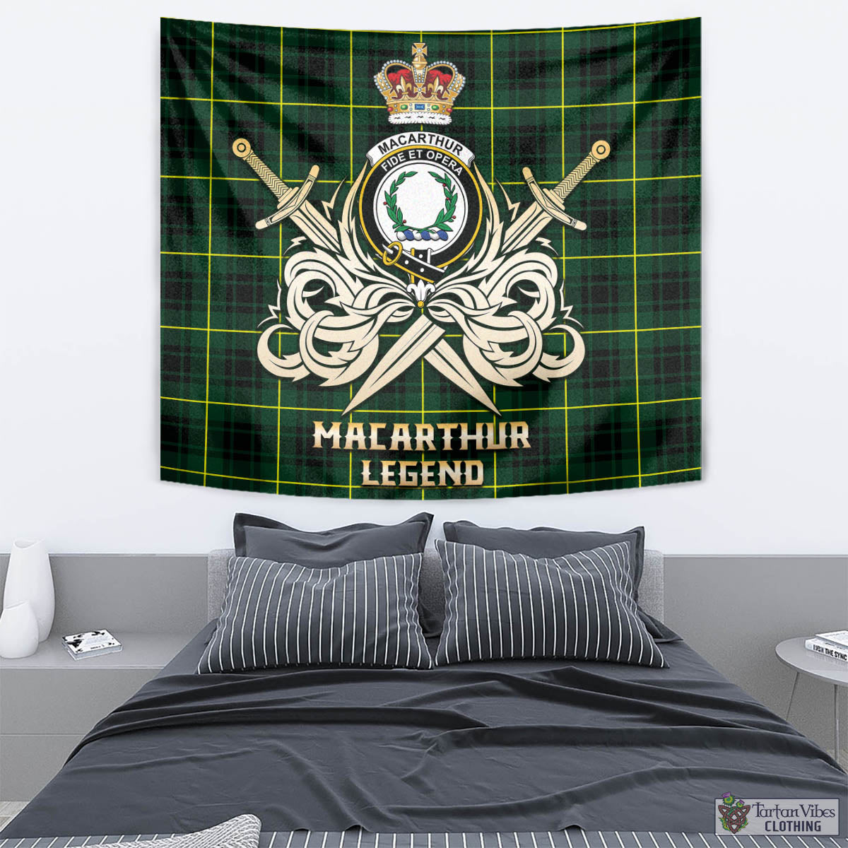 Tartan Vibes Clothing MacArthur Modern Tartan Tapestry with Clan Crest and the Golden Sword of Courageous Legacy