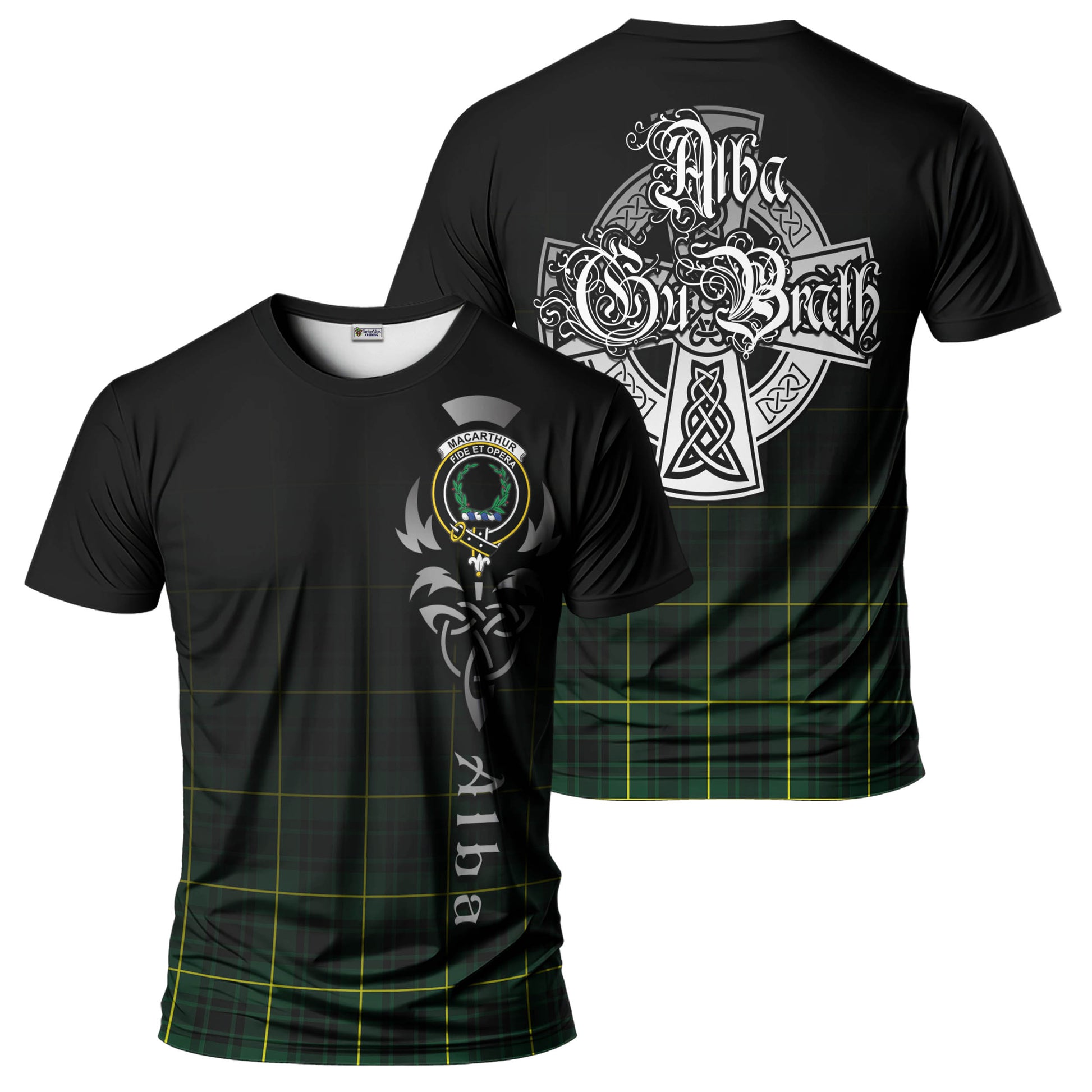 Tartan Vibes Clothing MacArthur Modern Tartan T-Shirt Featuring Alba Gu Brath Family Crest Celtic Inspired