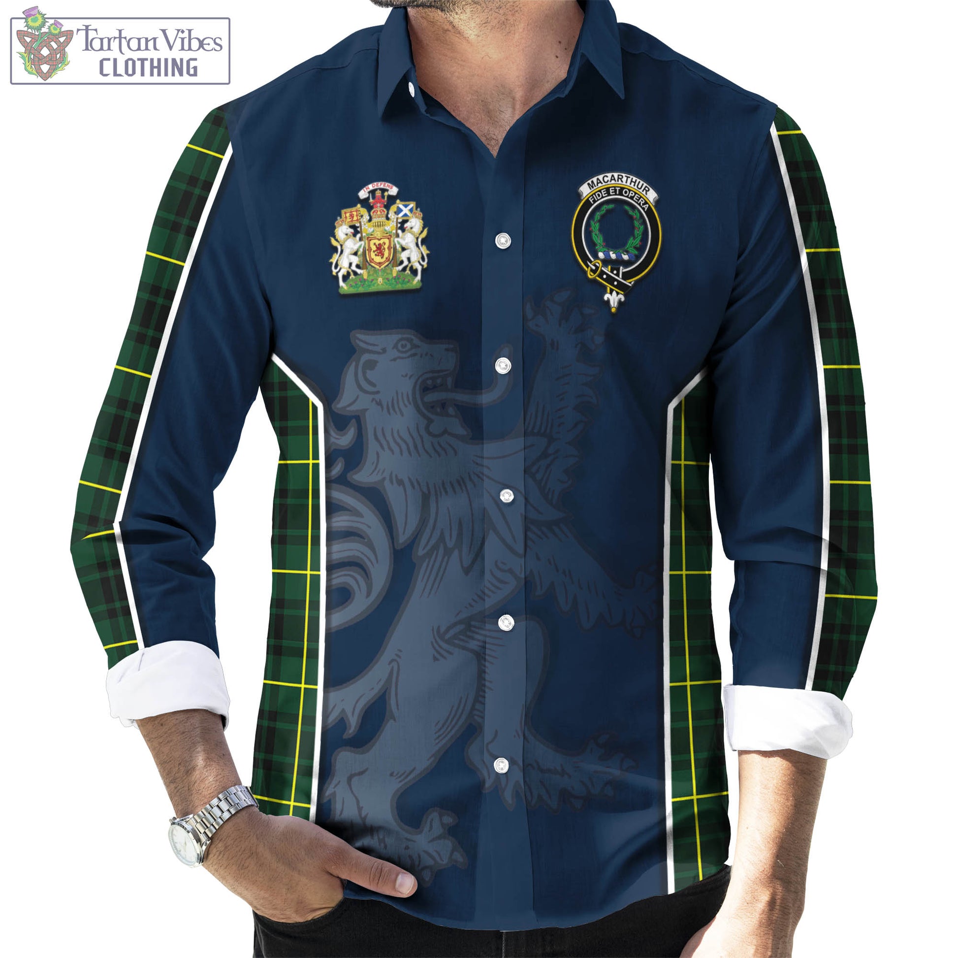 Tartan Vibes Clothing MacArthur Modern Tartan Long Sleeve Button Up Shirt with Family Crest and Lion Rampant Vibes Sport Style