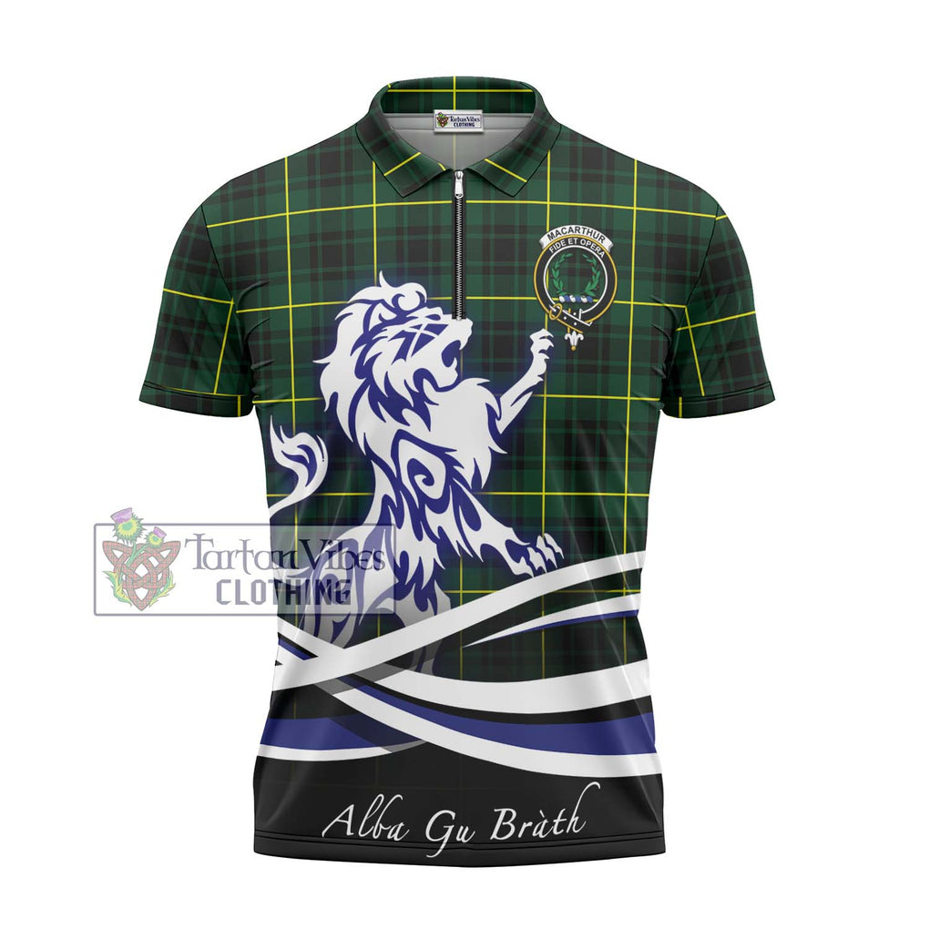 MacArthur Modern Tartan Zipper Polo Shirt with Alba Gu Brath Regal Lion Emblem - Tartanvibesclothing Shop