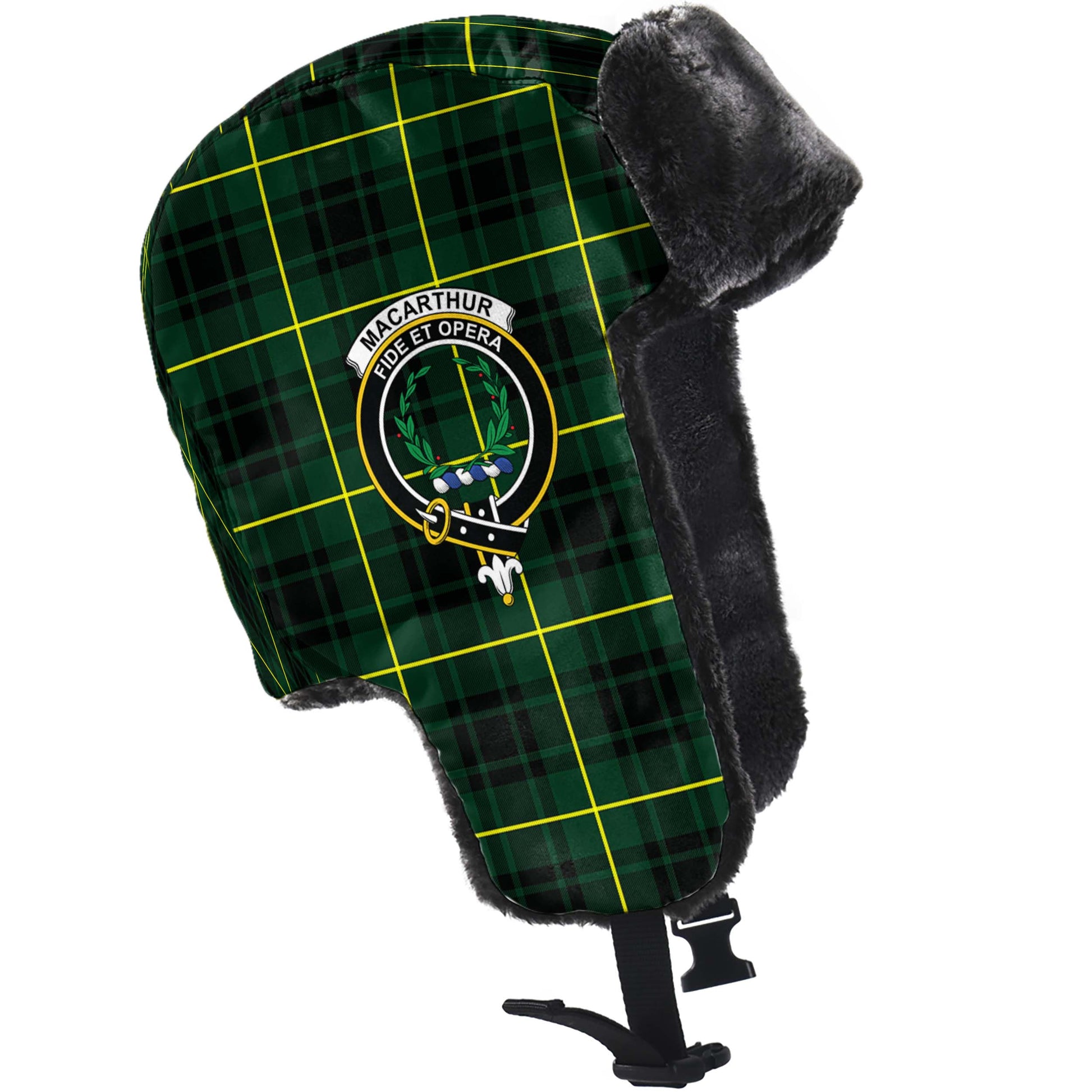 MacArthur Modern Tartan Winter Trapper Hat with Family Crest - Tartanvibesclothing