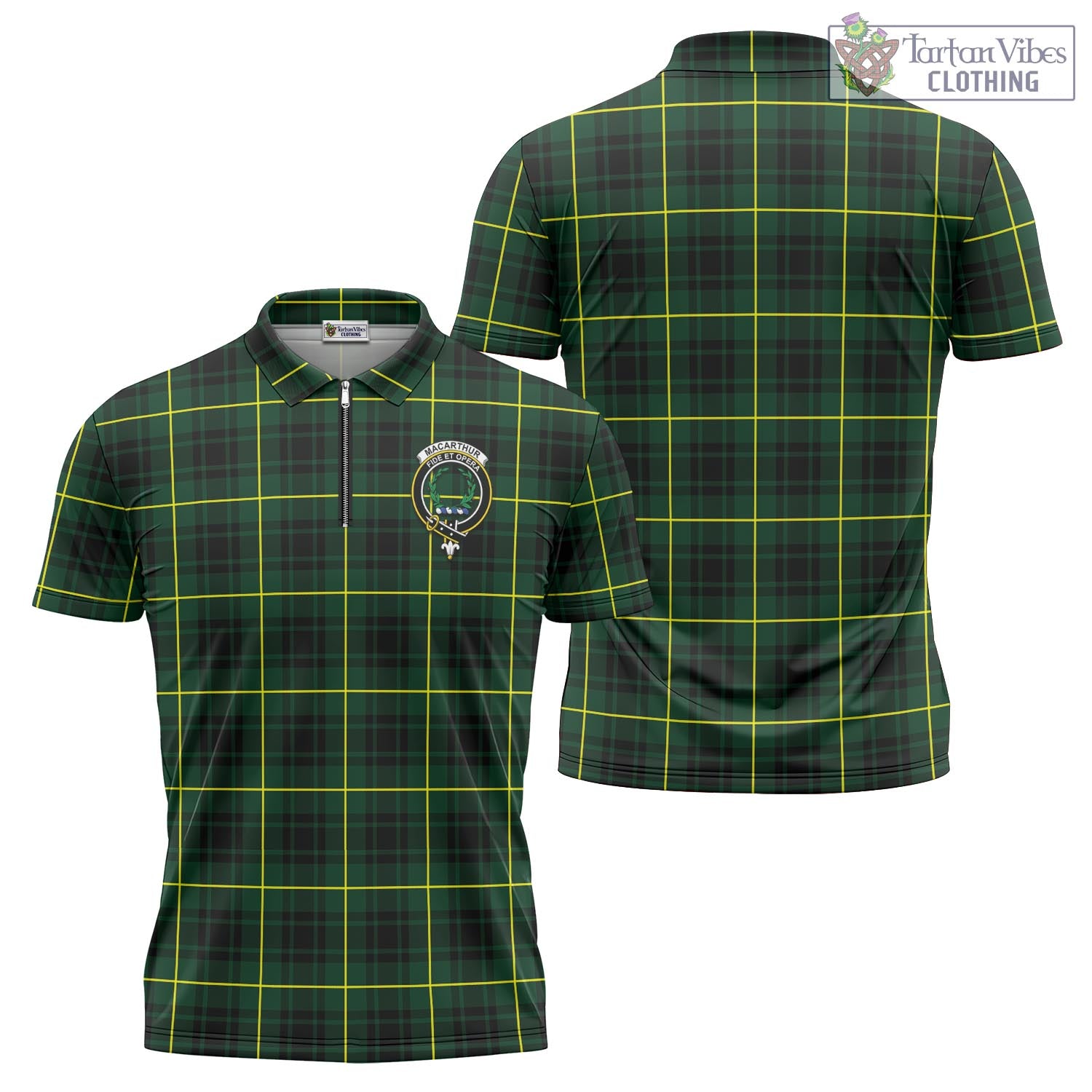 Tartan Vibes Clothing MacArthur Modern Tartan Zipper Polo Shirt with Family Crest