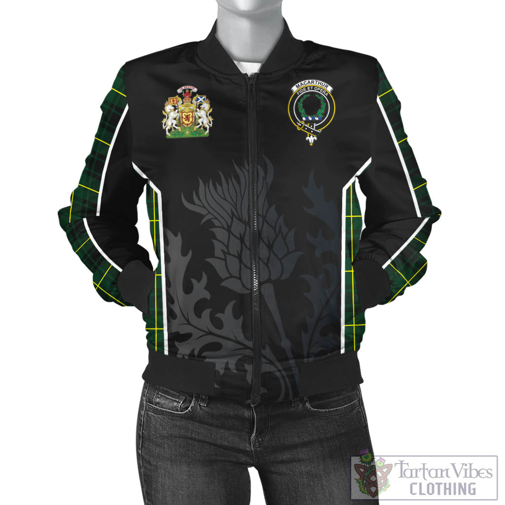 Tartan Vibes Clothing MacArthur Modern Tartan Bomber Jacket with Family Crest and Scottish Thistle Vibes Sport Style