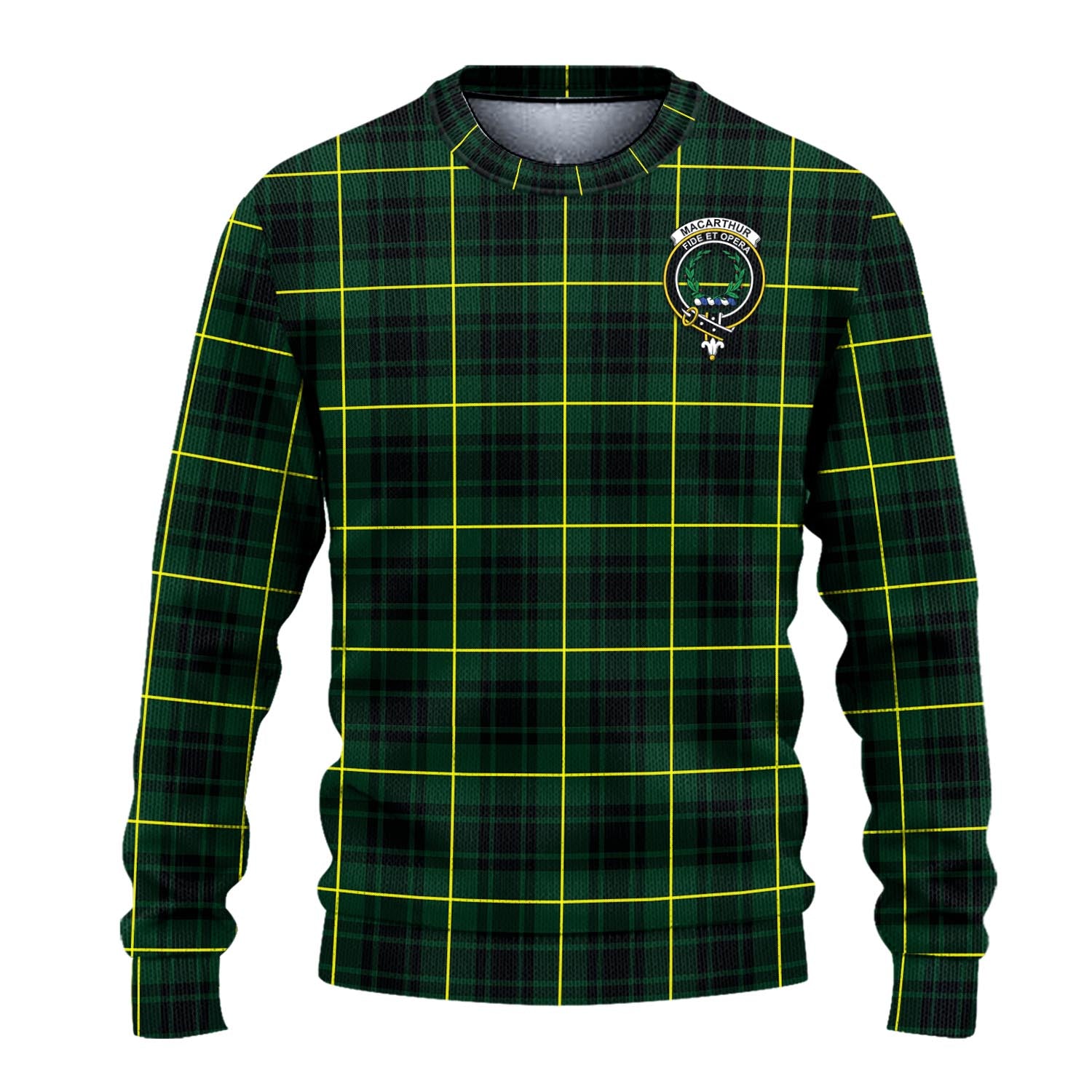 MacArthur Modern Tartan Knitted Sweater with Family Crest - Tartanvibesclothing