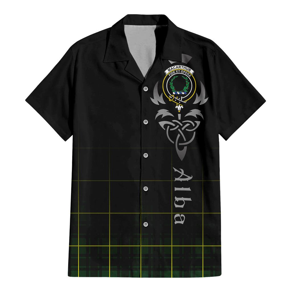 Tartan Vibes Clothing MacArthur Modern Tartan Short Sleeve Button Up Featuring Alba Gu Brath Family Crest Celtic Inspired