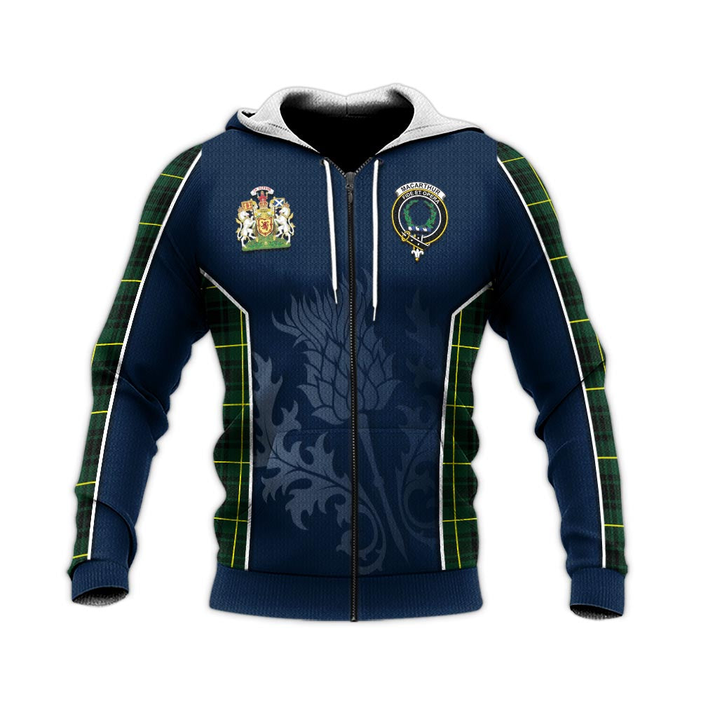 Tartan Vibes Clothing MacArthur Modern Tartan Knitted Hoodie with Family Crest and Scottish Thistle Vibes Sport Style