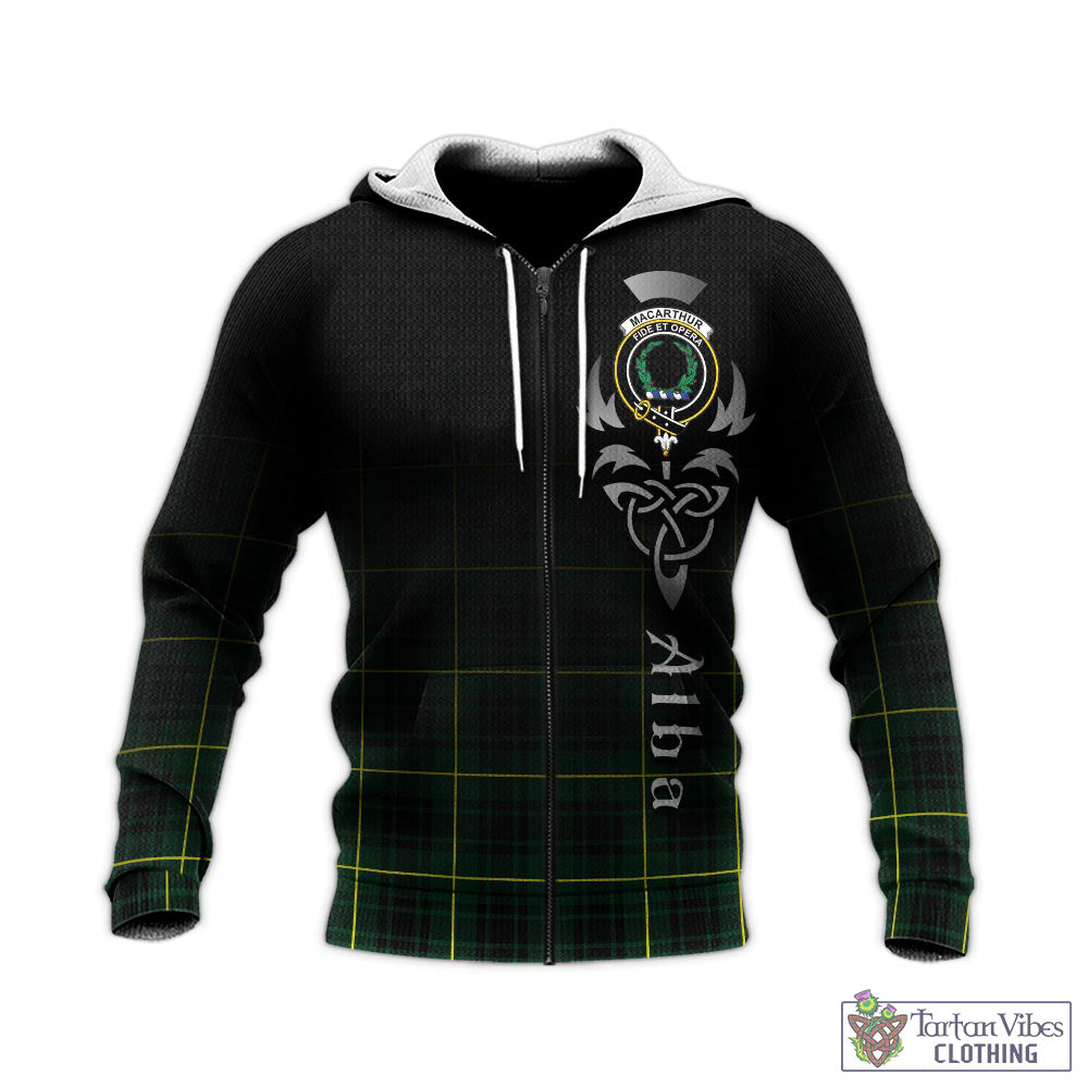 Tartan Vibes Clothing MacArthur Modern Tartan Knitted Hoodie Featuring Alba Gu Brath Family Crest Celtic Inspired