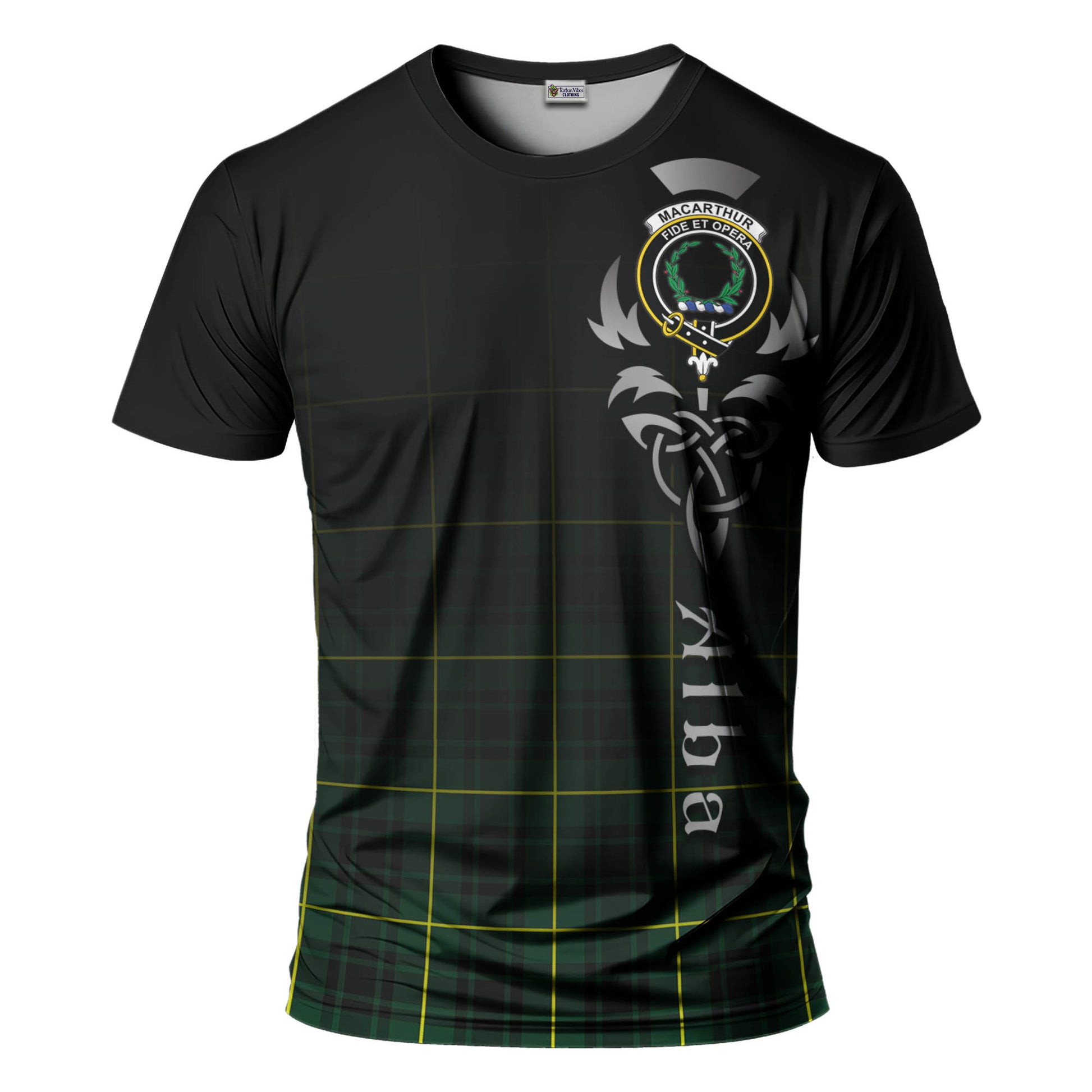 Tartan Vibes Clothing MacArthur Modern Tartan T-Shirt Featuring Alba Gu Brath Family Crest Celtic Inspired